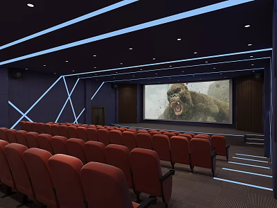 Modern Cinema Interior Design With Red Seats Large Screen And Blue Lighting 3d model