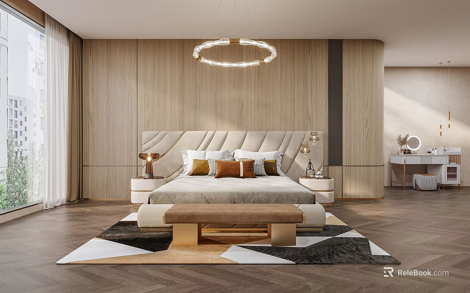 Modern Bedroom Interior With Wooden Walls Circular Chandelier Upholstered Headboard And Bed Bench 3d model 