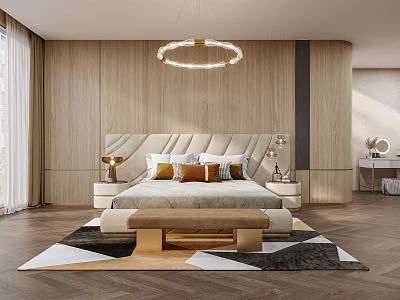 Modern Bedroom Interior With Wooden Walls Circular Chandelier Upholstered Headboard And Bed Bench 3d model