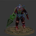 Game Character Standing In Mechanical Armor With Helmet Light Large Drill And Stone Slab Base