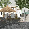 Scenic Campsite With Thatched Pavilion Tent Palm Trees And String Lanterns Near Chinese Character Banners