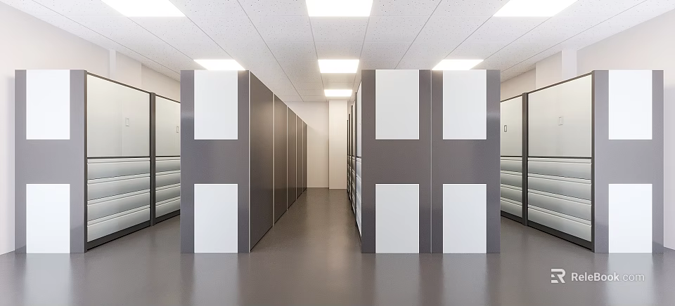 Modern Office Partition Area With Gray White Walls Drawer Cabinets And Ceiling Lights 3d model 