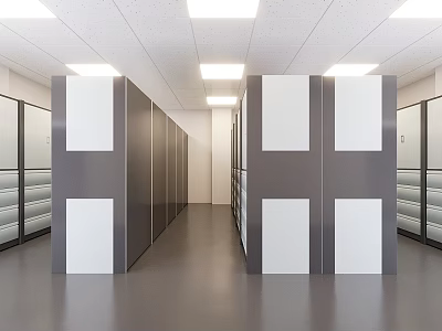 Modern Office Partition Area With Gray White Walls Drawer Cabinets And Ceiling Lights 3d model