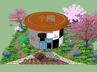 Round Red Roof Tower Building Surrounded By Cherry Blossom Trees And Green Plants 3d model