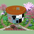 Round Red Roof Tower Building Surrounded By Cherry Blossom Trees And Green Plants