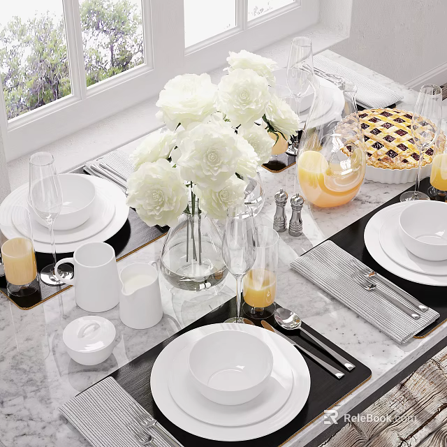 Elegant Dinnerware Set With White Flowers Vase And Glassware On Marble Tabletop 3d model 