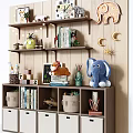 Cute Plush Lion and Blue Elephant Toys on Kids Shelf with Books Chalkboard and Decorations