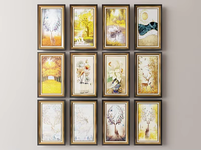 Decorative Paintings With Golden Frames On Wall Featuring Natural Themes Trees And Deer 3d model