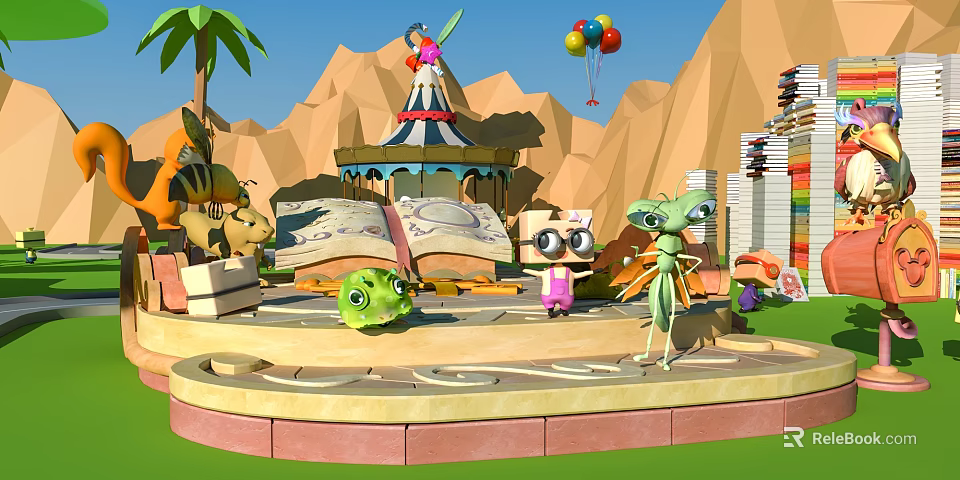 Colorful Cartoon Scene with Palm Trees Carousel Balloons Open Book and Playful Characters 3d model 