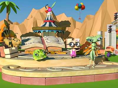 Colorful Cartoon Scene with Palm Trees Carousel Balloons Open Book and Playful Characters 3d model