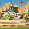 Colorful Cartoon Scene with Palm Trees Carousel Balloons Open Book and Playful Characters