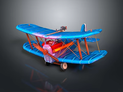 Blue Biplane Model with Red Cockpit and Orange Struts on Dark Background with Reflection 3d model