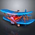 Blue Biplane Model with Red Cockpit and Orange Struts on Dark Background with Reflection