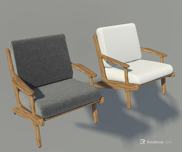Minimalist Lounge Chairs With Wooden Frame Gray And White Cushions And Armrests 3d model 