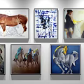 Large Modern Blue Toned Animal Painting With Running Horses And Abstract Art Background