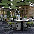 Modern Public Office Space With Green Circular Ceiling Decorations Indoor Plants White Chairs Lounge