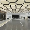 Modern Parking Garage Interior With Hexagonal Ceiling Glass Doors And Parked Cars