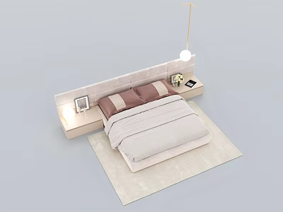 Modern Minimalist Double Bed with White Headboard Nightstands Photo Frame Vase Book Hanging Lamp Rug 3d model