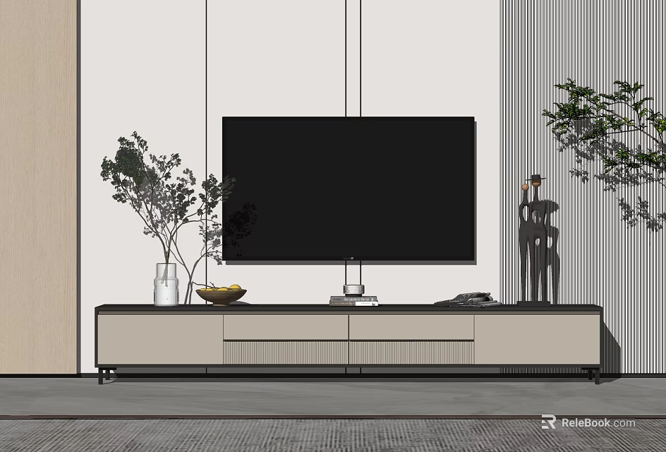 Modern Minimalist TV Stand In Living Room With TV Potted Plants Vase And Sculpture 3d model 