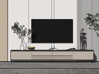 Modern Minimalist TV Stand In Living Room With TV Potted Plants Vase And Sculpture 3d model