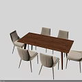 Modern Dark Wooden Dining Table Set With Six Light Fabric Chairs 3d model