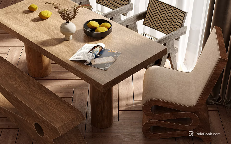Wooden Dining Table Set With Woven Back Chairs Bench Lemons Vase And Magazine 3d model 