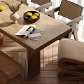 Wooden Dining Table Set With Woven Back Chairs Bench Lemons Vase And Magazine