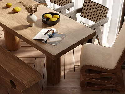 Wooden Dining Table Set With Woven Back Chairs Bench Lemons Vase And Magazine 3d model