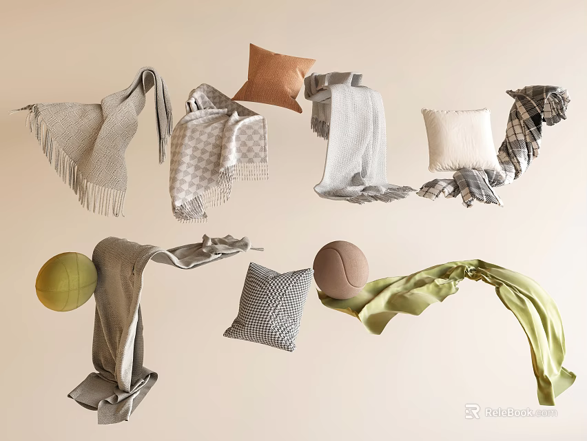 Soft Patterned Pillows In Various Colors With Scarves And Decorative Balls For Home Decor 3d model 