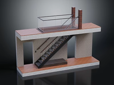 Modern Staircase Design With Wooden Steps Glass Railing And Brick Walls 3d model