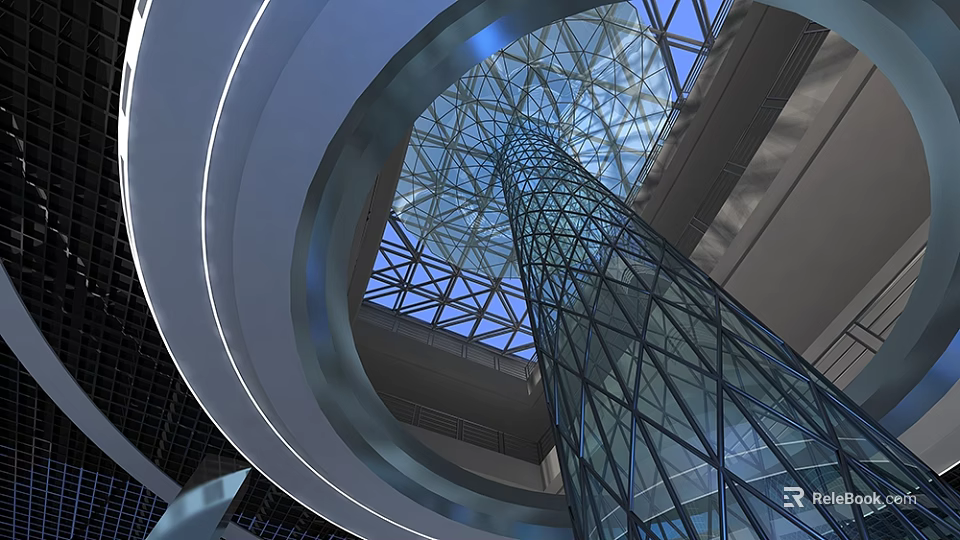 Modern Shopping Mall Lobby Interior With Glass Dome And Geometric Pillar Structure 3d model 