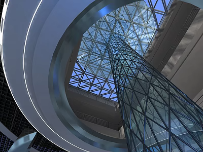 Modern Shopping Mall Lobby Interior With Glass Dome And Geometric Pillar Structure 3d model