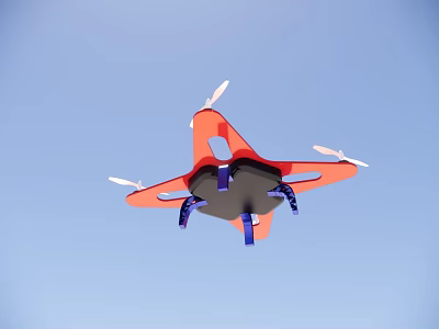Red Drone Flying in Blue Sky With Four Propellers and Blue Bottom Parts 3d model