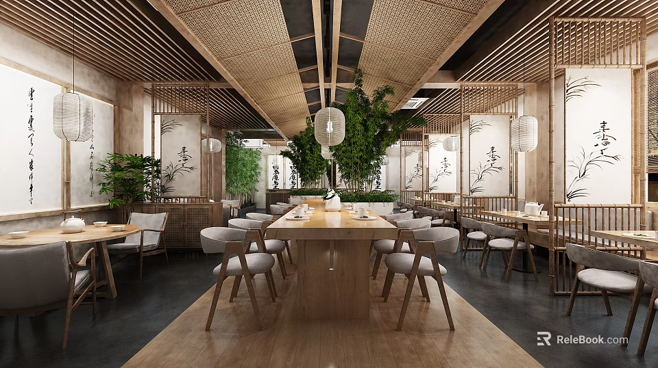 Chinese Restaurant Interior With Wooden Structure Lanterns Green Plants Long Table Screens And Calligraphy Paintings 3d model 