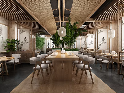 Chinese Restaurant Interior With Wooden Structure Lanterns Green Plants Long Table Screens And Calligraphy Paintings 3d model