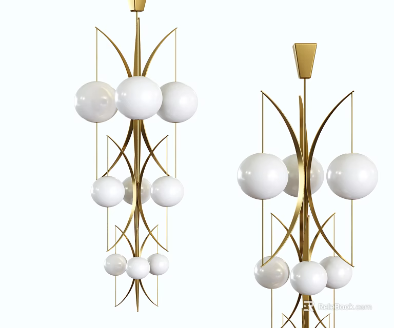Elegant Modern Gold Frame Chandelier with Multiple White Spherical Hanging Shades 3d model