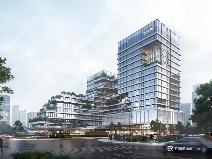 Modern High Rise Office Building With Glass Curtain Walls And Rooftop Greenery In Urban Area 3d model 