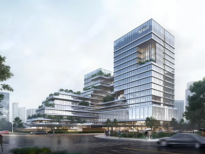 Modern High Rise Office Building With Glass Curtain Walls And Rooftop Greenery In Urban Area 3d model