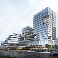 Modern High Rise Office Building With Glass Curtain Walls And Rooftop Greenery In Urban Area
