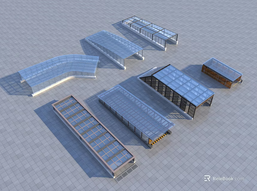 Diverse Road Facilities With Transparent Canopies Different Shapes And Various Structural Designs 3d model 