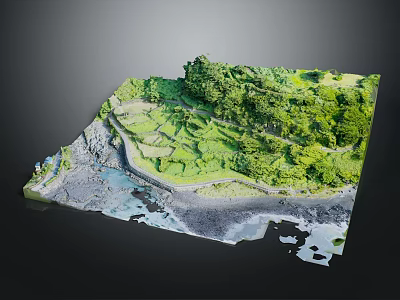 Scenic Landscape With Green Terraces Winding Path Rocky Coastline And Water Areas 3d model