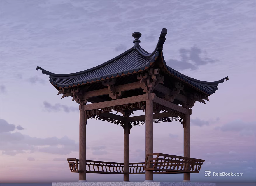 Traditional Chinese Garden Landscape With Wooden Pagoda Pavilion Overhanging Eaves And Cloudy Sky 3d model 