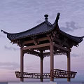 Traditional Chinese Garden Landscape With Wooden Pagoda Pavilion Overhanging Eaves And Cloudy Sky