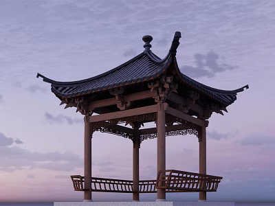 Traditional Chinese Garden Landscape With Wooden Pagoda Pavilion Overhanging Eaves And Cloudy Sky 3d model