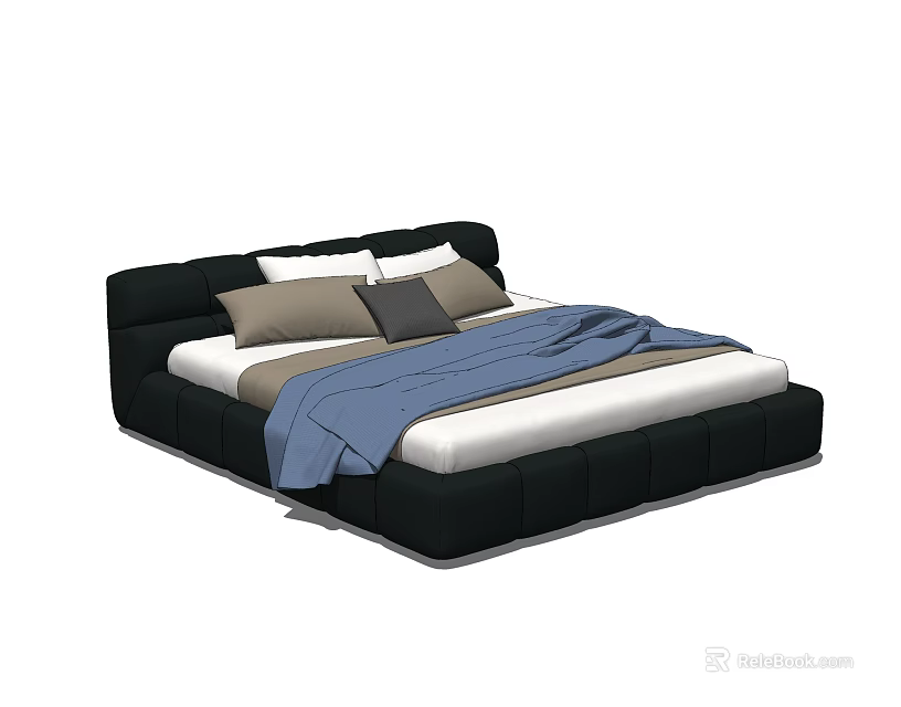 Modern Black Frame Double Bed With White Mattress Grey And Brown Pillows Blue Blanket 3d model 