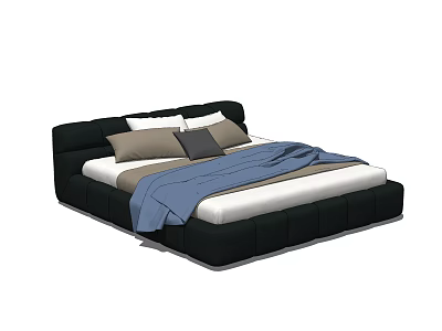 Modern Black Frame Double Bed With White Mattress Grey And Brown Pillows Blue Blanket 3d model