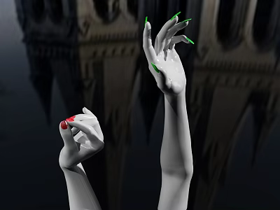 Raised Hands With Red And Green Nail Polish On Blurred Building Reflection Background 3d model