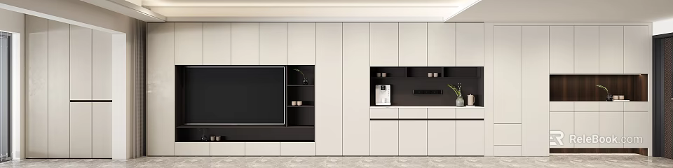 Modern Decorative Cabinet Interior Design With TV Black Shelves And Storage Space 3d model 