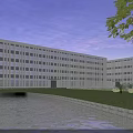 Modern Industrial Factory Building With Large Glass Windows Green Landscape And Water Pond Surroundings