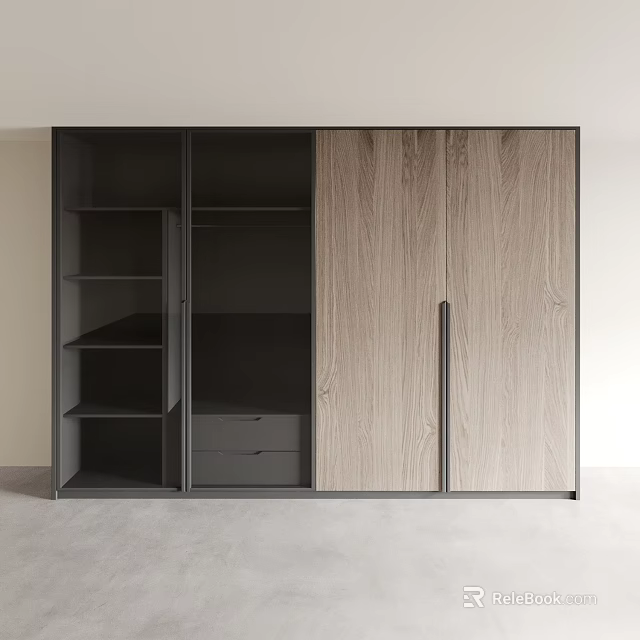 Modern Wardrobe Design With Open Shelves Drawers Dark Frame And Light Wood Panels 3d model 